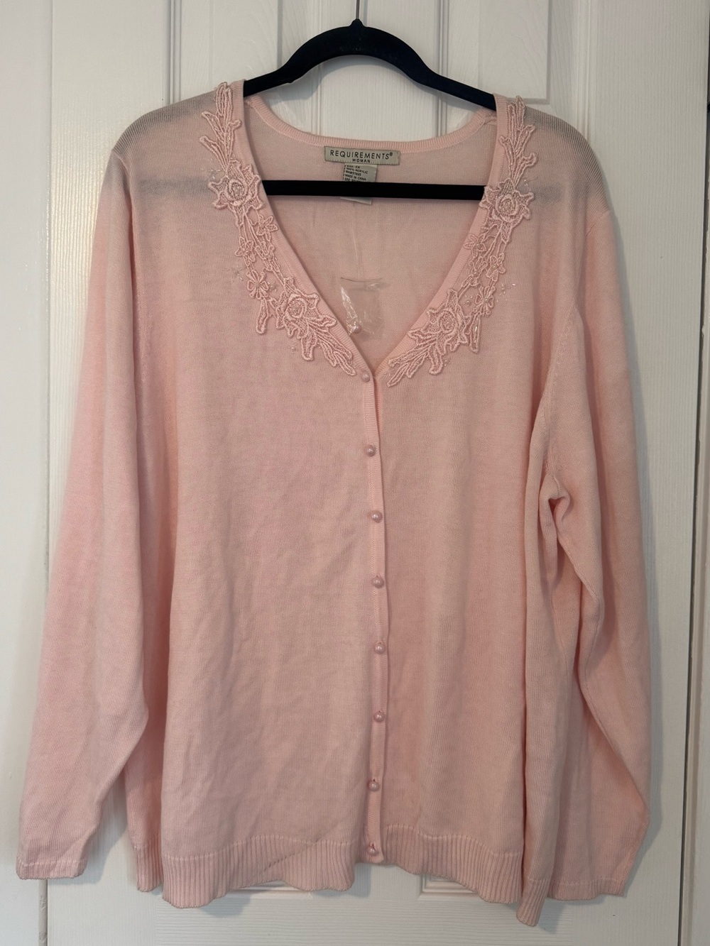 Requirements Light Pink Floral-Appliqué V-Neck Cardigan Sz 1X